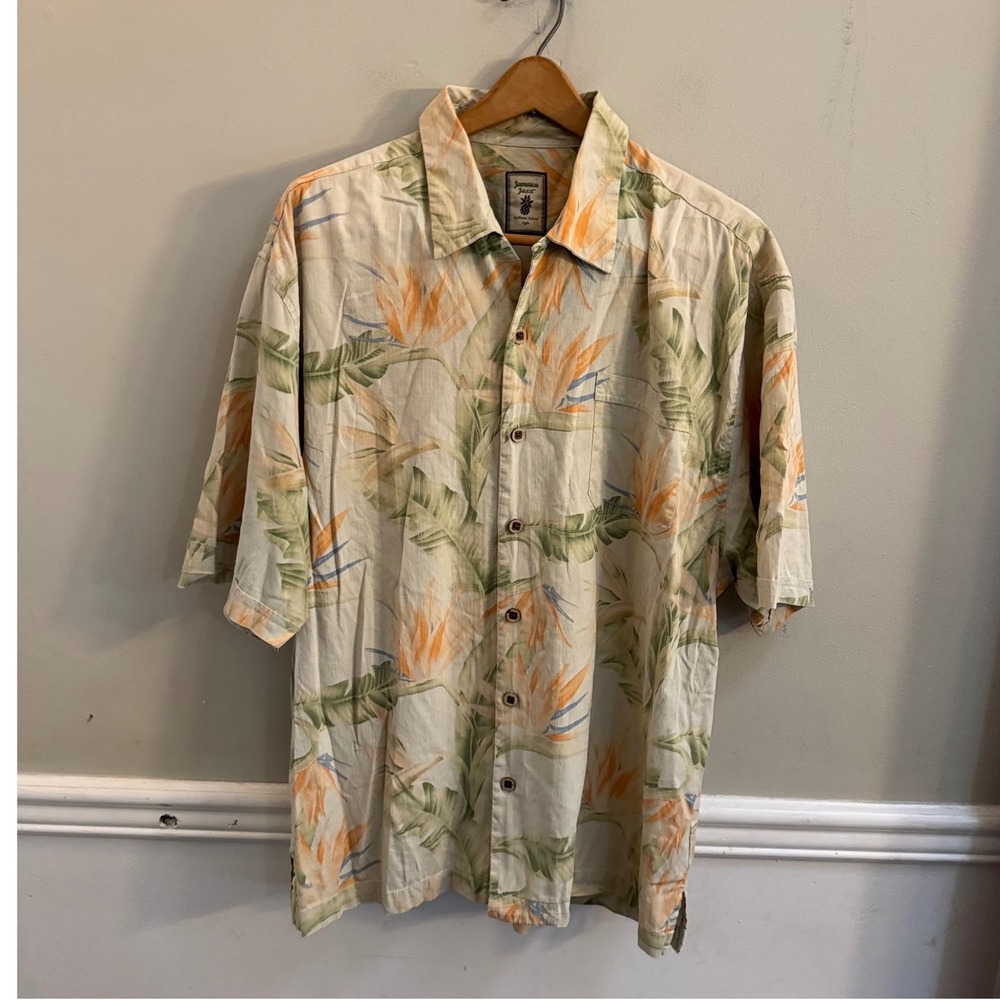 Jamaica Jaxx Mens XL Silk Jacquard Tropical Floral Aloha Camp Shirt Green Orange